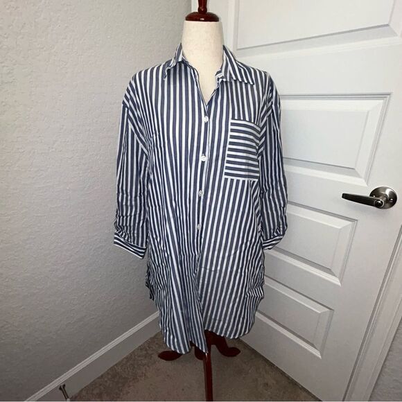 Papinelle Stripe Print Button Down Long Sleeve Shirt Nightgown Dress - Picture 1 of 8